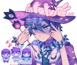  1boy :t absurdres alternate_costume arrow_(symbol) artist_name aubrey_(headspace)_(omori) aubrey_(omori) blush character_doll closed_mouth doll double-parted_bangs hair_between_eyes hat hero_(headspace)_(omori) hero_(omori) highres index_fingers_raised kel_(headspace)_(omori) kel_(omori) omori purple_hat remi_(mozzaremi) short_sleeves simple_background solo stuffed_toy sunny_(omori) white_background wizard_hat 