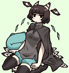  1girl animal_ears blob blunt_bangs blush bob_cut brown_cape brown_hair brown_shirt brown_thighhighs cape commentary creature dolphin_shorts fangs feathered_wings feathers green_shorts head_wings highres looking_at_viewer medium_hair mell_(rabbit_and_steel) no_shoes ot8ko owl_ears owl_girl rabbit_and_steel shirt shorts side_slit simple_background skin_fangs sweatdrop thigh-highs wings 