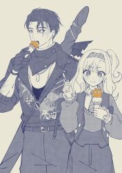  1boy 1girl burn_scar collared_shirt commentary_request dog_tags eating food freckles gloves grey_background greyscale hairband highres holding holding_food holding_ice_cream holding_spoon ice_cream j_(reverse:1999) jacket looking_at_food matilda_bouanich medium_hair milmil7 monochrome neckerchief necktie one_side_up open_mouth pants reverse:1999 scar scar_on_arm scar_on_face shirt short_hair smile spoon spot_color sweater upper_body weapon weapon_on_back 