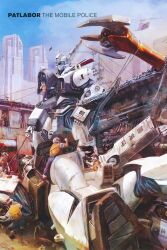  1980s_(style) after_battle alphonse_(av-98_ingram) av-98_ingram av-98_ingram_unit_2 blue_sky blue_visor buchi_holes building cable cityscape crowd damaged headgear highres izubuchi_yutaka izumi_noa japan kidou_keisatsu_patlabor magazine_scan mecha mixed-language_text multiple_boys multiple_girls official_art painting_(medium) pilot police police_uniform policeman policewoman promotional_art realistic retro_artstyle robot scan scene_reference science_fiction shield sky title traditional_media vest window 