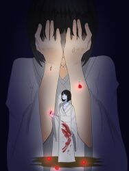  2girls arm_at_side bags_under_eyes black_background black_eyes black_hair blood blood_on_clothes blue_background closed_eyes closed_mouth commentary covering_face crying dark_background fatal_frame fatal_frame_ii:_crimson_butterfly flower full_body gradient_background hand_up hands_up highres holding holding_flower japanese_clothes kimono kurosawa_sae kurosawa_yae long_sleeves looking_ahead looking_up multiple_girls pale_skin red_flower right-over-left_kimono shiroshouzoku short_hair siblings sisters standing strangulation_mark tears twins two-tone_background untranslatable_commentary upper_body white_kimono wide_sleeves yukiame 