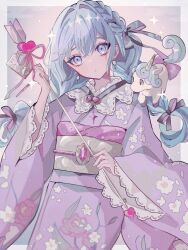  1girl arrow_(projectile) black_ribbon blue_eyes blue_hair border braid collar commentary_request diamond-shaped_pupils diamond_(shape) dot_nose dutch_angle earrings floral_print floral_print_kimono frilled_collar frills gem grey_background hair_between_eyes hair_ribbon hand_up head_tilt heart heart_arrow heart_ornament highres holding holding_arrow japanese_clothes jewelry kimono long_hair long_sleeves nanamiya_ten original parted_lips pink_gem pink_kimono pink_ribbon print_kimono ribbon sidelocks simple_background solo_focus sparkle_print star_(symbol) star_print symbol-shaped_pupils unicorn unicorn_horn white_border white_gem wide_sleeves 