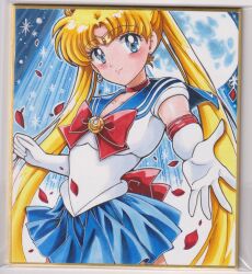  1girl back_bow bishoujo_senshi_sailor_moon blonde_hair blue_background blue_eyes blue_sailor_collar blue_skirt blush bow breasts chikoto_(kztc4472) choker closed_mouth collarbone commentary cowboy_shot crescent crescent_earrings double_bun earrings elbow_gloves full_moon gem gloves gold_tiara hair_bun hair_ornament highres jewelry leotard lips lone_nape_hair long_hair looking_at_viewer magical_girl medium_breasts miniskirt moon night outdoors outline outstretched_arm parted_bangs petals photo_(medium) picture_frame pinky_out pleated_skirt red_bow red_choker red_gem red_petals red_trim sailor_collar sailor_moon sailor_senshi_uniform short_sleeves skirt smile solo standing star_(sky) tiara traditional_media transformation_brooch_(sailor_moon) tsukino_usagi twintails very_long_hair white_gloves white_leotard white_outline 