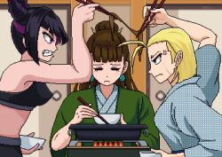  3girls animated animated_gif black_hair black_sports_bra blonde_hair blue_eyes blue_robe bowl breasts brown_hair cammy_white chopsticks chun-li clenched_teeth closed_eyes commentary diagonal_bangs eating english_commentary frown green_haori hair_bun hair_horns han_juri haori hassaku_(troillungan) holding holding_bowl holding_chopsticks hotpot japanese_clothes long_hair medium_breasts multicolored_hair multiple_girls pixel_art purple_hair robe single_hair_bun sliding_doors sports_bra stove streaked_hair street_fighter street_fighter_6 teeth two-tone_hair violet_eyes 