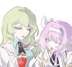  2girls ;o black_necktie blue_eyes breasts chinese_commentary coat commentary_request elysia_(golden_courtyard)_(honkai_impact) elysia_(honkai_impact) food green_hair green_shirt hairband highres holding holding_spoon honkai_(series) honkai_impact_3rd ice_cream lab_coat large_breasts long_hair mobius_(honkai_impact) mobius_(pre-surgery)_(honkai_impact) multiple_girls necktie official_alternate_costume one_eye_closed pink_hair shirt simple_background spoon very_long_hair white_background white_coat white_hairband white_shirt ygtjwgg 