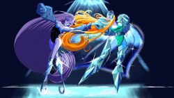 2girls amputee ballerina ballet belt blue_background blue_eyes blue_one-piece_swimsuit blue_ribbon blue_swimsuit cendrillmon covered_eyes dancing dark_blue_background digimon fate/grand_order fate_(series) frills full_body green_leotard hair_ornament hand_up hands_together leotard long_hair long_sleeves meltryllis meltryllis_(fate) meltryllis_(swimsuit_lancer)_(fate) meltryllis_(swimsuit_lancer)_(second_ascension)_(fate) one-piece_swimsuit open_eyes orange_hair pink_lips prosthesis prosthetic_leg purple_hair reymon271 shiny simple_background skin_tight sleeves_past_elbows sleeves_past_fingers sleeves_past_wrists small_breasts smile spikes spotlight swimsuit thighs type-moon very_long_hair