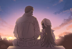  1boy 1girl black_jacket clouds commentary english_commentary evening father_and_child father_and_daughter freesia_(nikke) goddess_of_victory:_nikke gradient_sky hat highres jacket long_hair nekoponart orange_sky oswald_(nikke) outdoors parent_and_child short_hair sky sun sunset tree 
