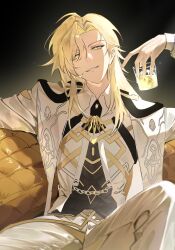  1boy aeyrah3 alcohol blonde_hair coat commentary couch cup english_commentary grin highres honkai_(series) honkai_impact_3rd ice ice_cube long_hair looking_at_viewer male_focus on_couch panties shirt smile solo underwear void_archives white_coat white_panties white_shirt yellow_eyes 
