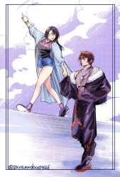  1boy 1girl alternate_costume baggy_pants black_boots black_coat black_hair black_pants black_shirt black_shoes blue_cardigan blue_shorts boots brown_hair cardigan closed_mouth coat commentary_request couple dissidia_duellum_final_fantasy dissidia_final_fantasy earrings final_fantasy final_fantasy_viii full_body fur-trimmed_coat fur_trim grey_shirt grey_socks hair_between_eyes hand_in_pocket hetero highres holding_hands jewelry long_hair looking_at_another multicolored_hair necklace official_alternate_costume open_mouth pants parted_bangs pointing pointing_up ribbon ring ring_necklace rinoa_heartilly rinoa_heartilly_(student_sorceress) sayaendou0426 shirt shoes short_hair shorts silver_necklace single_earring smile socks squall_leonhart streaked_hair twitter_username walking wrist_ribbon 