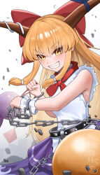  1girl absurdres ball_and_chain_restraint blonde_hair bow brown_horns chain chinese_commentary commentary_request debris gourd grin hair_bow highres horn_ornament horn_ribbon horns ibuki_suika long_hair looking_at_viewer oni purple_skirt red_bow ribbon shirt skirt sleeveless sleeveless_shirt smile solo tian_zhong_gong_yan touhou very_long_hair white_shirt wrist_cuffs 