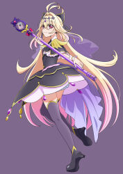  1girl absurdres ankle_boots antenna_hair black_background black_boots black_bow black_bowtie black_dress black_theme black_thighhighs blonde_hair boots bow bowtie braid capelet closed_mouth commentary crown_braid cure_arcana_shadow diamond_hairband doraemon12012 dress earrings frilled_capelet frilled_cuffs frilled_dress frills from_side full_body gradient_hair hair_bow hair_intakes highres holding holding_staff jewelry layered_dress long_hair looking_at_viewer magical_girl medium_dress meitantei_precure! moria_luluka multicolored_hair precure purple_veil simple_background smile solo staff standing standing_on_one_leg tear_arcana_rod thigh-highs veil very_long_hair violet_eyes 