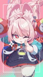  1girl ahoge animal_ear_fluff animal_ear_piercing animal_ears blush braid braided_twintails bright_pupils commentary cowboy_shot furry furry_female gradient_background green_background green_shirt hair_ornament highres leaning_forward long_hair looking_at_viewer one_eye_closed open_mouth paisen_(pine_senpai) pink_background pink_fur pink_hair rabbit_ears rabbit_girl red_eyes screw shirt short_eyebrows solo sphere_hair_ornament thick_eyebrows thigh_strap white_pupils zenless_zone_zero zhao_(zenless_zone_zero) 