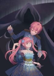  1boy 1girl ahoge ascot bare_shoulders black_background blue_bow blue_dress blue_eyes blue_sleeves blunt_bangs bow brother_and_sister brown_eyes brown_hair chinese_commentary choker closed_mouth collarbone commentary_request cowboy_shot detached_sleeves downturned_eyes dress expressionless eyelashes flame_print frilled_choker frilled_dress frilled_sleeves frills hair_bow highres li_tianchen li_tianxi light_frown long_hair long_sleeves looking_at_another looking_at_viewer pointy_nose print_dress puppet_strings shenhuobuzhihuo shiguang_dailiren short_dress short_hair short_sleeves shoulder_pads siblings sleeve_cuffs sleeves_past_wrists smile smug strapless strapless_dress twins twintails wavy_hair white_ascot yellow_choker 