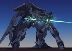  absurdres battle blue_sky commentary damaged double_blade energy_sword full_body glowing glowing_eyes green_eyes gundam gundam:_hathaway's_flash highres holding holding_sword holding_weapon impaled ka_ki_o mecha mobile_suit no_humans nu_gundam_mp_type robot science_fiction sky stab standing sword weapon xi_gundam yellow_eyes 