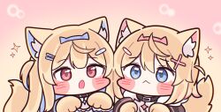 2girls :< :o animal_collar animal_ear_fluff animal_ears animal_hands bandaid bandaid_hair_ornament bib_collar black_collar black_jacket blonde_hair blue_eyes blue_hairband blue_streaks blush_stickers chibi chibi_only collar detached_collar dog_ears dog_girl dog_tail double-parted_bangs fake_horns frilled_shirt_collar frills fur-trimmed_jacket fur_trim fuwawa_abyssgard fuwawa_abyssgard_(1st_costume) gloves gradient_background hair_between_eyes hair_ornament hairband hairclip highres hololive hololive_english horn_hairband horns jacket long_hair long_sleeves looking_at_viewer mming_(mmingis18) mococo_abyssgard multicolored_hair multiple_girls orange_background parallel_hairclips paw_gloves pink_background pink_hairband pink_streaks raised_inner_eyebrows red_eyes shirt short_hair siblings simple_background sisters sparkle streaked_hair tail twins two_side_up upper_body virtual_youtuber white_shirt x_hair_ornament 