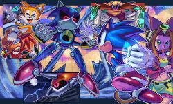  +++ 1girl 5boys :3 absurdres animal_ears animal_nose blue_fur bow bowtie brown_hair choker closed_eyes cowboy_hat crop_top crossed_arms dr._eggman facial_hair fighting fox_tail furry furry_male gloves green_eyes hair_bow hat highres ice jacket knuckles_the_echidna lightning majindoodles mechanical_arms metal_sonic midriff multiple_boys mustache navel open_mouth optical_sight red_eyes robot sara_(sonic) shoes skirt smile sonic_(series) sonic_the_hedgehog sonic_the_hedgehog_(ova) suit sweatdrop tail tails_(sonic) thumbs_up v violet_eyes white_gloves 