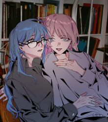  2girls bang_dream! bang_dream!_it's_mygo!!!!! blue_hair chihaya_anon commentary fang glasses grey_eyes grey_shirt highres jewelry long_hair looking_at_viewer multiple_girls open_mouth photo_background pink_hair ring shirt togawa_sakiko untranslatable_commentary wedding_ring wife_and_wife yellow_eyes yuri z_akane890 