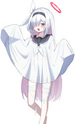  1girl absurdres bandaged_leg bandages black_hairband black_sailor_collar blue_archive blush bow braid collarbone colored_inner_hair commentary_request dere_mono_j foot_out_of_frame ghost_costume grey_eyes hair_bow hair_over_one_eye hairband halloween halo highres long_hair looking_at_viewer multicolored_hair neckerchief open_mouth paid_reward_available pink_hair plana_(blue_archive) red_halo red_pupils sailor_collar sidelocks simple_background single_braid solo standing standing_on_one_leg teeth thighs very_long_hair white_background white_bow white_hair white_neckerchief 