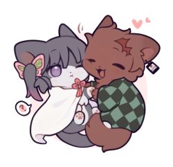  1boy 1girl :3 ? animal_hands animalization brown_fur butterfly_hair_ornament cape checkered_haori cheek-to-cheek closed_eyes closed_mouth commentary earrings green_haori grey_fur hair_ornament hanafuda_earrings haori happy heads_together heart hetero japanese_clothes jewelry kamado_tanjirou kimetsu_no_yaiba kozqjavxmt7hluy one_eye_closed open_mouth side_ponytail simple_background spoken_question_mark tsuyuri_kanao untranslatable_commentary violet_eyes white_background white_cape 