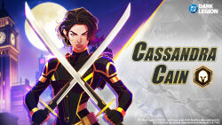  1girl armored_bodysuit batman_(series) black_bodysuit black_gloves black_hair bodysuit breasts cassandra_cain character_name city city_lights cityscape commentary crossed_swords dc:_dark_legion dc_comics dual_wielding english_commentary eyelashes fingerless_gloves full_moon gloves gold_trim gotham highres holding holding_sword holding_weapon looking_at_viewer moon multicolored_bodysuit narrow_waist night outline pink_lips short_hair skyline small_breasts superhero_costume sword upper_body weapon yellow_eyes yellow_outline 