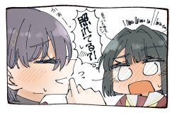  2girls black_hair black_shirt blunt_bangs blunt_ends blush bob_cut brown_dress commentary_request dress flying_sweatdrops full-face_blush hair_ornament hand_on_own_chin hasu_no_sora_school_uniform katsuragi_izumi link!_like!_love_live! love_live! momose_ginko multiple_girls neckerchief open_mouth puripuri_hurai sailor_collar sailor_dress school_uniform shirt short_hair speech_bubble thought_bubble translation_request triangle_hair_ornament turtleneck turtleneck_shirt undershirt virtual_youtuber white_sailor_collar winter_uniform yellow_neckerchief 