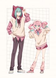  1boy 1girl absurdres alternate_costume anaxa_(honkai:_star_rail) animal_ear_hood aqua_eyes aqua_hair closed_mouth drill_hair full_body grabbing_own_hair hand_up hands_up highres holding_own_hair honkai:_star_rail honkai_(series) hood hood_up hyacine_(honkai:_star_rail) looking_at_viewer male_focus multicolored_hair open_mouth pants pink_shirt pink_shoes red_skirt sabasyaruef shirt shoes skirt smile standing sweater twin_drills two-tone_hair vest white_shoes yellow_sweater yellow_vest 