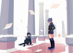  2girls boots double_bun hair_bun highres multiple_girls noyemik original platform_boots scenery short_hair snow snowing sweater thigh-highs thighs 