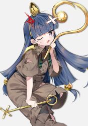  1girl anger_vein angry black_socks bleeding blood blood_on_clothes blue_eyes blue_hair boots brown_boots brown_shirt brown_shorts commentary_request crossed_bandaids crossed_legs cuts defeat earrings facial_mark gold_headdress grey_background hair_ornament highres holding holding_scepter injury jewelry keiki8296 key_earrings kneehighs long_hair looking_at_viewer michigami_nareko one_eye_closed open_mouth scepter shirt shorts simple_background socks solo sphere_hair_ornament sweatdrop symbol-shaped_pupils torn_clothes torn_shirt torn_shorts touhou triangle triangle_facial_mark usekh_collar very_long_hair 