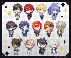  6+boys :d ;d akebiashita alcohol animal_ears animal_print antenna_hair aqua_eyes aragami_oga argyle_background arurandeisu astel_leda asymmetrical_legwear black_hair black_headband black_pants black_shirt black_shorts black_streaks blonde_hair blonde_streaks blue_eyes blue_hair blue_streaks blush_stickers bottle champagne champagne_bottle champagne_flute chibi chibi_only commentary_request copyright_notice cup dark-skinned_male dark_skin demon_horns drinking_glass ear_piercing earrings everyone eyepatch fangs flower glasses green-tinted_eyewear green_eyes grey_jacket grin hair_ornament hair_over_one_eye half_updo hanasaki_miyabi headband heterochromia hitodama hizaki_gamma holding holding_bottle holding_flower holostars horn_ornament horn_ring horns jackal_boy jackal_ears jackal_tail jacket jacket_on_shoulders jewelry kageyama_shien kanade_izuru kishido_temma leopard_print letterman_jacket lightning_bolt_hair_ornament lightning_bolt_symbol long_hair male_focus medium_hair minase_rio mole mole_under_eye multicolored_hair multiple_boys official_alternate_costume official_art one_eye_closed open_clothes open_jacket open_mouth orange_eyes orange_hair orange_jacket pants piercing pink_hair ponytail purple_flower purple_hair purple_jacket purple_pants purple_rose purple_shirt red_hair red_jacket red_pants rikka_(holostars) rose round_eyewear sharp_teeth shirt short_hair shorts single_horn single_thighhigh smile sparkle streaked_hair suit tail teeth thigh-highs tinted_eyewear torn_clothes torn_pants torn_shirt track_jacket utsugi_uyu vest violet_eyes virtual_youtuber white_hair white_jacket white_pants white_shirt white_vest yatogami_fuma yellow_eyes yukoku_roberu 