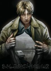  1boy bags_under_eyes blonde_hair blue_shirt coat colored_skin commentary english_commentary frown game_screenshot_inset green_coat highres itssanlee james_sunderland screenshot_inset shirt silent_hill_(series) silent_hill_2 simple_background solo unbuttoned unbuttoned_shirt white_skin 