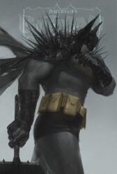  absolute_batman absolute_dc axe back_spikes bat_mask batman batman_(absolute_dc) batman_symbol battle_axe belt black_cape bodysuit cape commentary dc_comics english_commentary grey_bodysuit highres lifting_object multicolored_bodysuit saika78649750 superhero_costume taut_bodysuit two-tone_bodysuit utility_belt weapon 