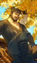  1boy absurdres arm_guards beard belt black_boots black_hair blue_robe blue_sky boots branch brown_belt brown_eyes brown_pants cat chinese_clothes chinstrap_beard commentary_request facial_hair hair_bun hand_wraps headband highres hua_bucheng lips looking_at_animal male_focus mature_male mustache on_roof outdoors pants pectoral_cleavage pectorals purple_headband realistic robe scar scar_on_face scar_on_nose short_hair sitting sky smile solo soul_patch toned toned_male where_winds_meet yi_dao_(where_winds_meet) 