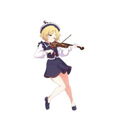  1girl absurdres baba_(baba_seimaijo) black_hat black_shoes black_skirt black_vest blonde_hair bow_(music) commentary_request crescent crescent_hat_ornament hat hat_ornament highres holding holding_bow_(music) holding_instrument holding_violin instrument long_sleeves lunasa_prismriver music one_eye_closed playing_instrument shoes short_hair simple_background skirt skirt_set solo touhou vest violin white_background yellow_eyes 