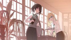 black_hair blonde_hair blue_eyes cafe earpiece everlasting_flowers eyes_visible_through_hair highres holding holding_tray looking_at_another necktie official_art pink_nails sakashita_mina seino_ran shirt skirt tray violet_eyes white_shirt 