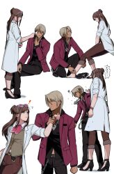  ! !? 1boy 1girl ace_attorney amikoiiko ankle_ribbon apollo_justice:_ace_attorney bag belt belt_buckle black_belt black_pants black_ribbon black_shirt black_shoes blonde_hair blue_eyes blush brown_bag brown_hair brown_pants buckle chain chain_belt chain_necklace closed_mouth coat collared_shirt cork cross crossed_legs d'orsay_heels dark-skinned_male dark_skin dress_shirt drill_hair earrings ema_skye eyewear_on_head facing_to_the_side fingernails full_body glasses green_eyes green_liquid green_vest half_updo highres holding_another's_wrist index_ring initial jacket jewelry klavier_gavin lab_coat lapels leg_ribbon light_smile liquid long_hair long_sleeves looking_at_another looking_down looking_to_the_side looking_up medicine_bottle medium_hair middle_ring mismatched_eyebrows multiple_rings neckerchief necklace notched_lapels on_one_knee one_eye_closed open_collar pants pants_rolled_up pink-tinted_eyewear pink_lips pink_shirt pleated_pants ponytail popped_collar purple_jacket red_cross red_neckerchief ribbon ring shirt shoes shoulder_bag side_drill simple_background single_earring single_shoe sitting slapping sleeves_rolled_up smile speech_bubble suit_jacket sunglasses test_tube thumb_ring tinted_eyewear unworn_shoes vest waistcoat wallet_chain white-framed_eyewear white_background 