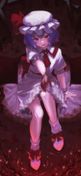  1girl absurdres ayayayaya63 blood blue_hair commentary_request commission hat hat_ribbon highres mob_cap offering_hand outstretched_arm red_eyes red_ribbon remilia_scarlet ribbon shirt shoes short_hair sitting skeb_commission skirt smile solo tongue tongue_out touhou white_shirt white_shoes white_skirt 
