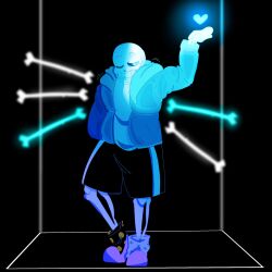  1:1 1boy 2023 2d black_background black_shorts black_socks blue_eyes blue_jacket blue_soul_(undertale) bone commentary digital_media english_commentary flaming_eye full_body glowing glowing_eye glowing_heart grey_hood hand_in_pocket hand_up heart highres hollow_eyes hood hood_down hooded_jacket humanoid jacket long_sleeves male male_focus male_only mismatched_legwear monster monster_boy onerudegentlman open_clothes open_jacket pink_slippers print_socks sans_(undertale) shorts simple_background single_vertical_stripe skeleton slippers socks solo standing striped_shorts sweater teeth undead undertale utdr_(toby_fox) vertical-striped_clothes vertical-striped_shorts white_socks white_stripes white_sweater 