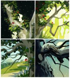  autumn barn blue_flower chaojufei commentary_request fairy fairy_wings flower highres original plant red_flower scenery sheep snow spring_(season) tree white_flower wings 