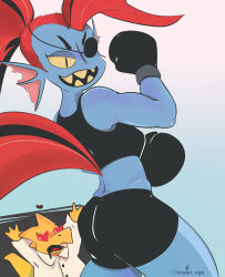  2018 2d 2girls absurdres alphys animal_nose anthro aqua_background arms_up artist_name ass back biceps black_eyepatch black_gloves black_shorts black_sports_bra blue_skin boxing_gloves buck_teeth coat colored_sclera colored_skin colored_teeth commentary digital_media dinosaur dinosaur_girl drooling duo ear_fins english_commentary eyepatch female female_only fins fish fish_girl gloves gradient_background head_fins heart heart_eyes high_ponytail highres instagram_logo instagram_username koyaricgo lab_coat lizard lizard_girl lizard_tail long_hair long_sleeves monster monster_girl multiple_girls ponytail red_hair reptile reptile_girl reptile_tail scalie sharp_teeth shorts slit_pupils solo_focus sports_bra teeth toned toned_female two-tone_background undertale undyne utdr_(toby_fox) white_background white_coat yellow_sclera yellow_skin yellow_teeth yuri 