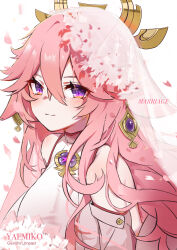  1girl absurdres animal_ears bare_shoulders blush breasts bridal_veil bride cherry_blossoms closed_mouth detached_sleeves earrings falling_petals fox_ears genshin_impact hair_between_eyes highres japanese_clothes jewelry jiggy_blunt long_hair looking_at_viewer petals veil white_veil yae_miko 
