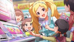  5girls :d aqua_shirt arcade arcade_cabinet black_hair blonde_hair brown_hair card card_commentary child collared_shirt commentary_request emily_stewart emily_stewart_(femme_charmont) faceless faceless_female game_cg hairband holding holding_card idolmaster idolmaster_million_live! idolmaster_million_live!_theater_days indoors long_hair looking_at_another multiple_girls official_art shirt short_twintails smile third-party_source twintails violet_eyes 