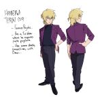  1boy aged_up alternate_universe black_footwear black_pants black_shirt blonde_hair ch0og0o character_age character_name closed_mouth commentary earrings english_commentary english_text full_body hanazawa_teruki hand_on_own_hip highres jacket jewelry looking_at_viewer male_focus mob_psycho_100 necklace open_clothes open_jacket pants purple_jacket reference_sheet shirt shoes short_hair short_ponytail simple_background solo standing white_background 