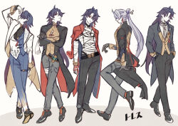  1boy ahoge airenho bandages belt black_hair blade_(dinner_party)_(honkai:_star_rail) blade_(good_me)_(honkai:_star_rail) blade_(honkai:_star_rail) blue_hair bow bowtie coattails commentary_request crossed_arms full_body gloves gradient_hair hair_ornament hair_over_one_eye hairpin honkai:_star_rail honkai_(series) jacket jewelry long_hair male_focus mortenax_blade_(honkai:_star_rail) multicolored_hair necklace official_alternate_costume pants red_eyes shoes simple_background suit tailcoat tassel very_long_hair vest waistcoat white_hair yingxing_(honkai:_star_rail) 