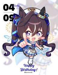  1girl animal_ears beret blue_bow blue_ribbon blush bow breasts brown_hair chibi commentary_request ear_covers full_body hair_between_eyes happy_birthday hat highres horse_ears horse_girl horse_tail kanntsukirin long_hair looking_at_viewer loose_socks mole mole_under_eye multicolored_hair open_mouth pointing pointing_at_viewer ribbon sailor_collar shirt single_ear_cover skirt smile socks standing standing_on_one_leg streaked_hair tail twintails umamusume vivlos_(umamusume) vivlos_(voyage_etincelant)_(umamusume) white_hat white_sailor_collar white_shirt white_skirt zoom_layer 