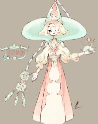  1girl cocoyuzu7777 dress full_body grey_background hair_over_one_eye hatterene humanization long_sleeves looking_at_viewer pokemon puffy_sleeves short_hair signature simple_background solo 