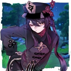  1girl arm_behind_back artist_name black_hat black_jacket black_pants blush border brown_hair collared_shirt commentary eeferthetraveler english_commentary flower flower-shaped_pupils game_screenshot_background genshin_impact grass hat hat_flower highres hu_tao_(genshin_impact) jacket long_hair long_sleeves looking_at_viewer night one_eye_closed orange_eyes outdoors outside_border pants red_shirt screenshot_background shirt sidelocks solo symbol-shaped_pupils tree twintails white_border 