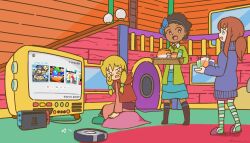  1-2-switch 3girls :o a_hat_in_time basket beamed_eighth_notes belt black_boots black_hair blonde_facial_hair blonde_hair blue_bow blue_eyes blue_hairband blue_skirt boots bow bow_hairband bow_kid brown_hair capelet collared_shirt commentary_request copyright_name cup dark-skinned_female dark_skin door dress drink drinking_glass english_commentary facial_hair green_jacket green_shoes green_thighhighs hair_ornament hairband hat_kid holding holding_basket holding_plate hood hood_down hooded_capelet in-universe_location jacket jitome long_hair long_sleeves looking_at_another looking_to_the_side missing_headwear mixed-language_commentary multiple_girls musical_note mustache mustache_girl nintendo_switch official_alternate_costume open_mouth oudon_tue pants pink_shorts pink_slippers plate ponytail purple_belt purple_pants purple_sweater railing red_capelet red_dress robotic_vacuum_cleaner rumbi_(a_hat_in_time) shadow shirt shoes short_hair shorts sidelocks sitting skirt slippers smile snack snipperclips standing striped_clothes striped_thighhighs sweater television thigh-highs turtleneck turtleneck_sweater violet_eyes white_eyes white_shirt 