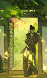  1boy absurdres beard black_boots black_hair blue_robe boots branch brown_eyes brown_pants chinese_clothes chinstrap_beard closed_mouth crossed_arms facial_hair full_body gauntlets headband highres hua_bucheng looking_at_viewer mature_male mustache open_door outdoors pants plant purple_headband robe short_hair smile solo soul_patch sword sword_on_back weapon weapon_on_back where_winds_meet yi_dao_(where_winds_meet) 