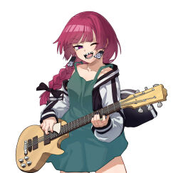  1girl :d absurdres black_jacket bocchi_the_rock! braid braided_ponytail collarbone commentary_request cowboy_shot dress earrings electric_guitar guitar highres hiroi_kikuri holding holding_guitar holding_instrument instrument jacket jewelry long_hair long_sleeves looking_at_viewer low_ponytail music one_eye_closed open_clothes open_jacket open_mouth pi-nattus playing_guitar playing_instrument ponytail purple_hair sailor_dress sharp_teeth simple_background sleeveless sleeveless_dress sleeves_past_wrists smile solo standing teeth violet_eyes white_background 