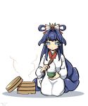  1girl bamboo_steamer blue_eyes blue_hair bowl braid closed_mouth commentary_request full_body hair_ornament highres long_hair otohime_(housamo) r-te_(restricted_te) red_eyeliner rice rice_bowl seiza shamoji sidelocks sitting solo steam thick_eyebrows tokyo_afterschool_summoners white_background 